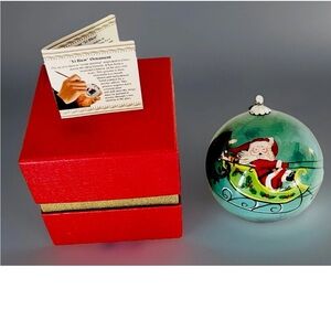 Pier 1 Li Bien Santa & 8 Reindeer 4” Hand Painted From Inside-Glass Ball W/Box